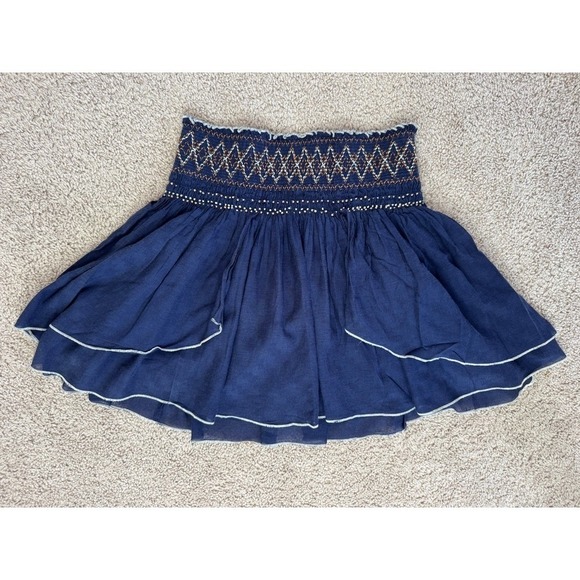 Free People Navy Blue Smocked Embroidered Tiered Ruffle Mini Skirt Boho Womens - Picture 3 of 11